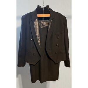 Vtg Rafael Womens 100% Wool Black Jacket Skirt Suit Set Leather Accents Sz 12